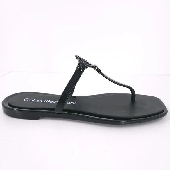 Calvin Klein Edhen Black Flat T Strap Thong Logo Sandals Womens Size 6 M - Picture 5 of 16
